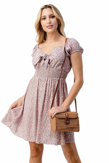 Tie Front Cap Sleeves Floral Mini Dress
